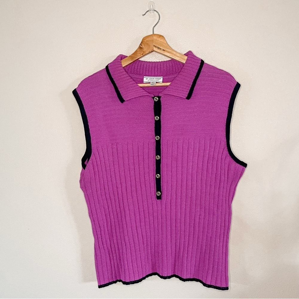 St. John Sport Preppy Tenniscore Ribbed‎ Knit Wool Blend Polo